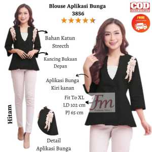 Femme Ols- Blouse atasan katun Strecth 3856 Aplikasi Bunga Best seller