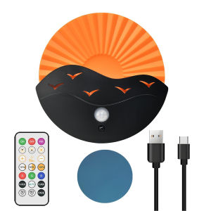 Remote Control RGBW LED Wall Lamp Motion Sensor Night Light USB Type C Rechargeable Stair Lighting Creative Bird Sunrise Pattern For Corridor Bedroom Room