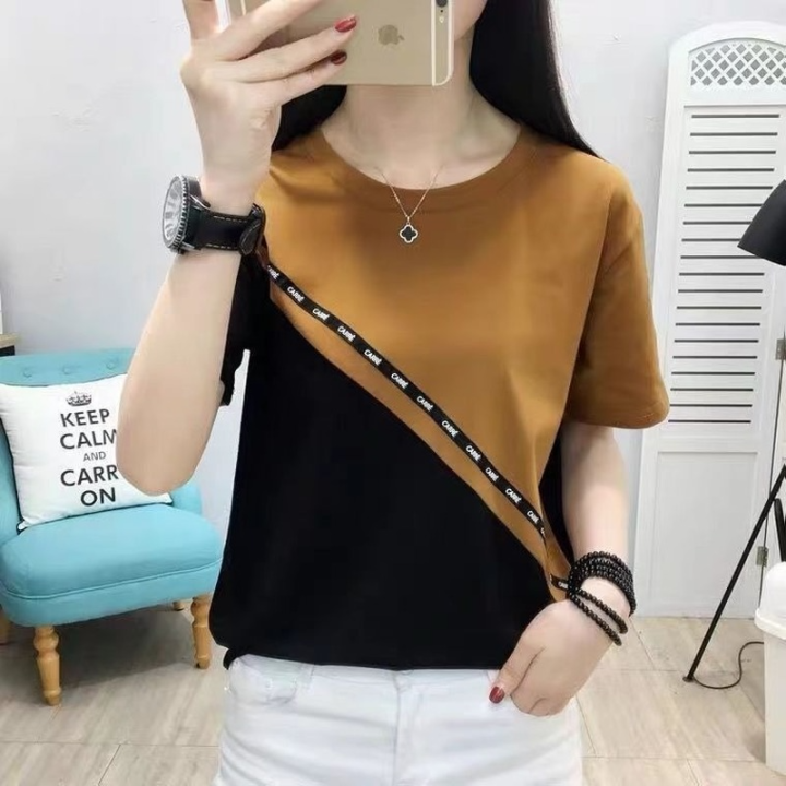 เสื้อยืดแขนสั้นผู้หญิงฤดูร้อนปี2022เวอร์ชั่นเกาหลีใหม่หลวมและบางเฉียบคอ ...