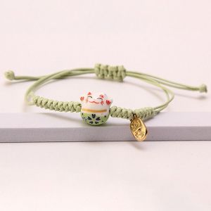 COUPLECOL Dây cầm tay Vòng tay Maneki Neko  dây chuyền mèo bằng gốm Thủ công Nhẫn đeo tay nữ Có thể điều chỉnh Phong cách Trung Quốc Dây bện màu Đỏ Người yêu