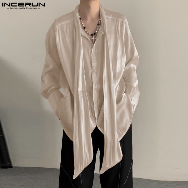 INCERUN Men Advanced Ribbon Design Long Sleeve Button Up Loose Shirts ...