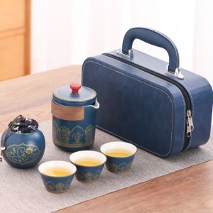 GAOSU เซรามิก ชุดน้ำชาเดินทาง พร้อมกระป๋อง พร้อมกล่องป้องกัน ชุดของขวัญชา ชุดกาน้ำชาและถ้วย แบบพกพา ชุดน้ำชาพอร์ซเลน ใช้สำหรับการเดินทาง