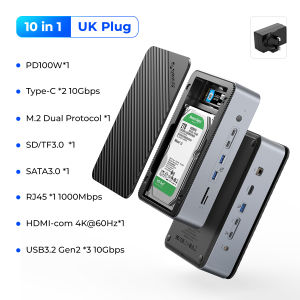 ORICO M.2 3.5/2.5 "HDD kép/SSD bao vây USB C HUB 10 trong 1 đa chức năng trạm nối với pd100w Loại C USB A HDMI RJ45 SD/TF NVMe SATA cổng cho người sáng tạo chuyên nghiệp (d35m2)