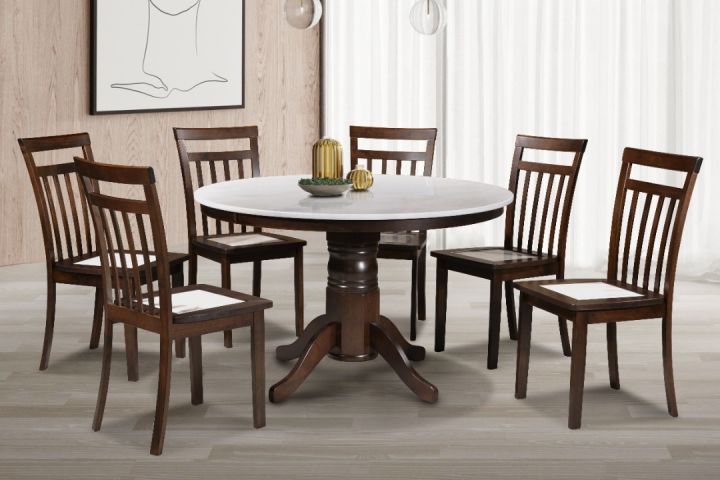 READY STOCK] 1+6 Seater Grade A Round Marble Solid Wood Dining Set