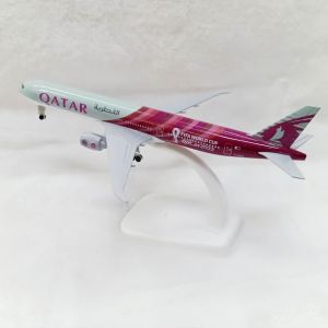 PREMIUM Qatar Airways B777 Diecast Airplane 8 Inch Boeing 777 Aircraft Model Metal Plane World Cup Replica with Landing Gear Display Stand Aviation Collectible Airplane Toy Souvenir Gift