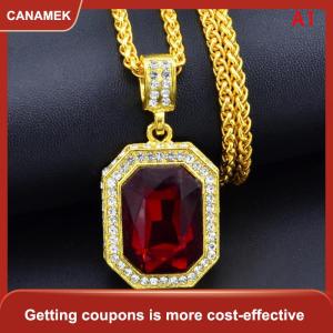 【CANAMEK 】 Inlaid Diamond Square Ruby Necklace Hip Hop Mens Pendant Red Stone Pendant Vintage Jewelry Costume Accessories