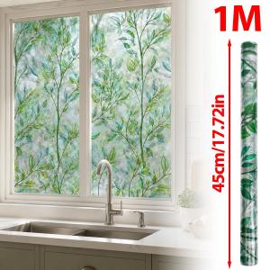 Green Floral Stained Glass Window Film Sticker Static Non-Adhesive UV Block Day & Night Privacy Covering Removable Glass Tint Window Decal for Home Office