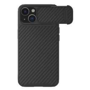 Apple iPhone 14 / Pro / Max / Plus - Nillkin Carbon Fiber Full Coverage Shock Resistant Case Black Casing Texture Matte Sliding Camera Lense Protection Impact Anti Skid Slip Drop Proof Fingerprint Button Protection PC Synthetic Fibre Hard Executive Busine