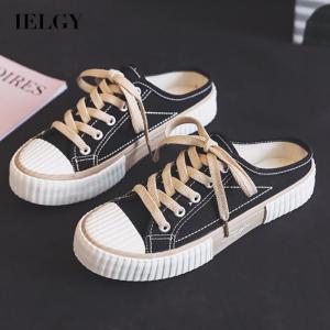IELGY womens Korean style all-match heelless loafers half drag canvas shoes