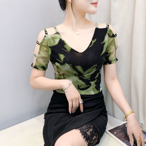 Yimei Áo Hở Vai Kim Cương Đính Hạt móng tay rỗng sang trọng phong cách Hàn Quốc Áo thun nữ xinh đẹp màu đen tay ngắn