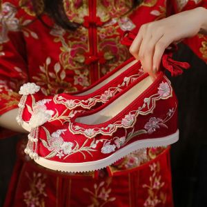 ZEEMIN 2024 Womens Chinese Traditional Embroidered Red Wedding Shoe Platform Hidden Heel Beaded Tassel Ankle Frenulum Retro Hanfu Shoe