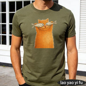 [Local Stock] HBESTY  Fluffy Orange Cat Hold Fish Over Eyes Men Summer Cotton T Shirt Cute Funny Pet Graphic Casual Daily Holiday Wear Top