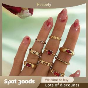 Heabety Fashion 9pcs Bohemian Rhinestone Geometric Finger Rings Set For Women Red Heart Shaped Ring Female Party Jewelry