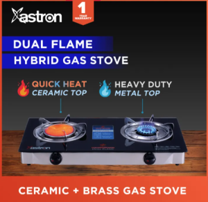 Astron DUAL FLAME Ceramic and Metal Double Burner Gas Stove with Tempered Glass Top infrared burner