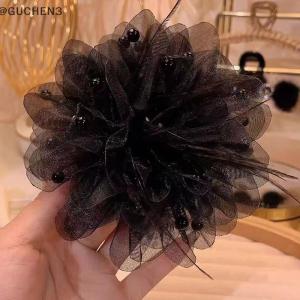 GUCHEN3🦋 Phụ nữ Hàn Quốc Thời Trang Lưới Hoa tóc phụ kiện Organza Ngọc Trai Đen lông Grip cá mập tóc Clip mũ nón
