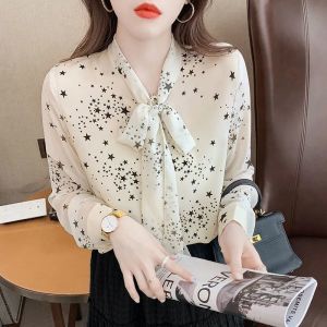 【STOCK+COD】New Korean Fashion Loose Blouse Chiffon Long Sleeve Printed Top Ladies Shirt