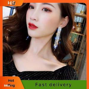 HB Long Tassel Full Rhinestone Drop Earrings For Women Ovsize Crystal Dangle Earrings Fashion Jewelry Accessories