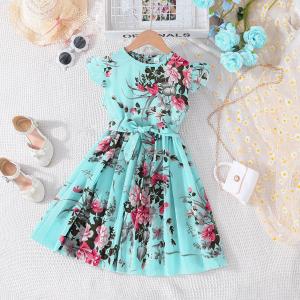 [Manila Stock Fast Ship] Kids Girls Pleated Dress 5-11 Years Old Floral Print Short Sleeve Yellow Black Blue Pink for Christmas Birthday Party School Event Church Outfit with Detachable Bow Belt