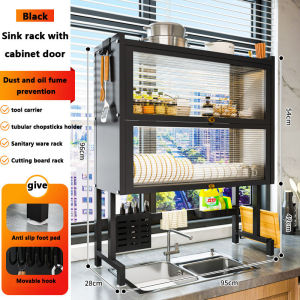 Goldstar Metallic Dish Rack Dustproof Kitchen Drain With Cabinet Door Drying Multi-functional Sink Rack