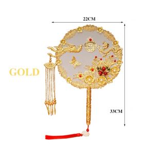 Chinese Vintage Round Fans Phoenix Shaped Alloy Fan Gold Flower Hand Holding Fan with Tassel Wedding Bride Group Fan Durable