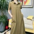 100%Cotton Lapel Stretch Dresses Women Korean Style Short Sleeve Oversized 100KG Fat Girl Can Wear Loose Casual Plain Cotton Polo Collar Long T-shirt Dresses. 