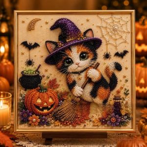 OKKFINE DIY Halloween Cat Pearl Bead Painting Kit Pearl Bead Diamond Dot Gemstone Diamond Painting  Witch Cat Theme Diamond Art Craft Home