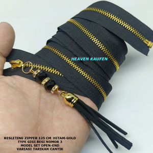 Resleting Zipper Ritsleting Abaya Gamis 125 cm Hitam Gold Emas Set Open End Type Gigi Besi Nomor 3 Variasi Tarikan Cantik Harga Per Biji