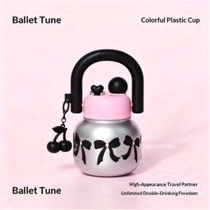 JACIRCLE 800ML Cute Cherry Water Bottle with Straw Portable Large Capacity Home Travel Mug Ideal Coffee Cup