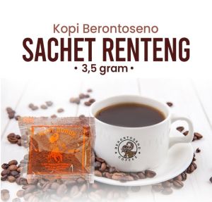 Bundling 5 Gantung Kopi Bubuk Berontoseno Robusta Sachet Renteng isi 250 pcs\\n\\n Deskripsi Produk\\n\\nKopi Bubuk Berontoseno Robusta Sachet Renteng isi 250 pcs adalah produk kopi bubuk murni 100% full robusta dalam kemasan sachet plastik bening/transparan yang memungkinkan Anda melihat kehalusan kopi bubuk Berontoseno. Produk ini selalu READY STOK dengan Expired date terbaru langsung dari pabrik, sehingga Anda dapat memesannya kapan saja. Dengan harga per pak (isi 250 sachet), Anda bisa menikmati kopi berkualitas tinggi dengan harga yang terjangkau.\\n\\n Spesifikasi Produk\\n\\nBerikut adalah spesifikasi produk:\\n\\n* Kemasan 1 sachet = 4 gram\\n* 1 gantung = 50 sachet\\n* 1 pak = 5 gantung = 250 sachet\\n* Stok / expired date terbaru (1 tahun)\\n* Ukuran saji : 1 sachet untuk 1 cangkir (max. 150ml)\\n* Gunakan air mendidih untuk menyeduh\\n\\n Keunggulan Produk\\n\\nKopi Bubuk Berontoseno Robusta Sachet Renteng isi 250 pcs memiliki beberapa keunggulan, antara lain:\\n\\n* Kopi bubuk murni 100% full robusta\\n* Menghasilkan sedikit sekali ampas\\n* Dapat dibuat untuk mengoles rokok cethe\\n* Terlaris di daerah Kediri, Tulung Agung, dan sekitarnya\\n* Harga terjangkau\\n\\n Cara Penggunaan\\n\\nUntuk menggunakan Kopi Bubuk Berontoseno Robusta Sachet Renteng isi 250 pcs, ikuti langkah-langkah berikut:\\n\\n1. Siapkan air mendidih\\n2. Masukkan 1 sachet kopi bubuk ke dalam cangkir\\n3. Tuangkan air mendidih ke dalam cangkir\\n4. Aduk hingga rata\\n5. Nikmati kopi Anda\\n\\n Keunggulan Kopi Bubuk Berontoseno Robusta Sachet Renteng isi 50 pcs\\n\\nSelain Bundling 5 Gantung, kami juga menyediakan Kopi Bubuk Berontoseno Robusta Sachet Renteng isi 50 pcs. Produk ini memiliki spesifikasi dan keunggulan yang sama dengan Bundling 5 Gantung, hanya saja dalam jumlah yang lebih sedikit.\\n\\n Cara Pemesanan dan Pembayaran\\n\\nUntuk memesan Kopi Bubuk Berontoseno Robusta Sachet Renteng isi 250 pcs atau 50 pcs, ikuti langkah-langkah berikut:\\n\\n1. Pilih produk yang ingin Anda pesan\\n2. Isi formulir pemesanan dengan data yang diperlukan\\n3. Pilih metode pembayaran yang tersedia (transfer bank, kartu kredit/debit, atau dompet digital)\\n4. Lakukan pembayaran sesuai dengan metode yang dipilih\\n5. Kami akan mengirim pesanan Anda melalui kurir yang dipilih\\n\\n Testimoni dan Review Pelanggan\\n\\nBerikut adalah beberapa testimoni dan review pelanggan kami:\\n\\n* \\\"Kopi ini enak banget, aromanya harum dan rasanya mantap!\\\" - Rudi\\n* \\\"Saya suka banget sama kopi ini, ampasnya sedikit sekali dan harganya terjangkau.\\\" - Dewi\\n* \\\"Saya sudah membeli kopi ini berkali-kali dan selalu puas dengan kualitasnya.\\\" - Andi\\n\\nJangan ragu untuk mencoba Kopi Bubuk Berontoseno Robusta Sachet Renteng isi 250 pcs atau 50 pcs, karena kami yakin Anda akan suka!\\\n}