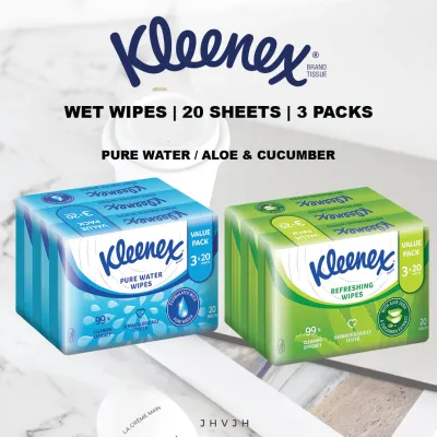 KLEENEX WET WIPES // AVAIL IN PURE WATER OR ALOE & CUCUMBER // 20 SHEETS X 3 PACKS // VALUE PACK