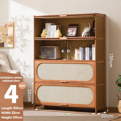 Bamboo Bookshelf Cabinet 2/3/4/5 Layers Bookcase With Flip Door Almari Buku Household Large Capacity Storage Living Room Wood Bookshelf 翻门书柜