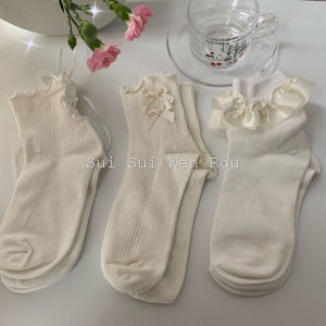 Margotu ถุงเท้าผู้หญิง มีโบว์ ถูกเป็นถุงเท้ายาวถึงน่องสีขาวล้วน ถุงเท้า JK สไตล์ลูกไม้ สำหรับการสัมือน่ารักอเนกประสงค์