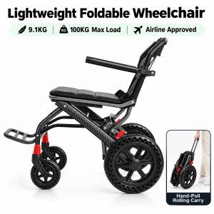 Lightweight Folding Wheelchair Travel with Trolley Handle 12inch Enlarged Honeycomb Wheel PU Seat Cushion Front Wheel Shock Absorption for Elderly Senior