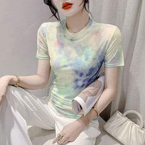 Yimei Áo Thun Nữ xinh đẹp 2023 cổ tròn Quảng Châu lưới ngắn tay áo in hình ôm vừa và ngọt ngào