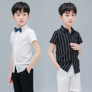 lontakids 2-14 Years Kids Boys Stripe Short Sleeve White Black Button Up Shirt For Tuxedo Blazer Formal Wear