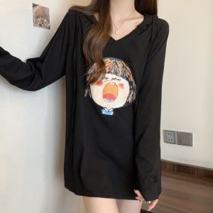 Ielgy in hình phim hoạt hình áo thun áo có mũ dài tay áo áo rộng nữ