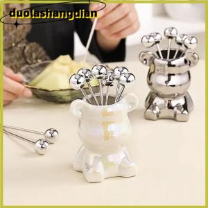 [Duola] 6pcs Stainless Steel Dessert Forks With Storage Jar Cute Bear Utensils For Party Tasting Dessert Fruit Pickle Fruit Salad
