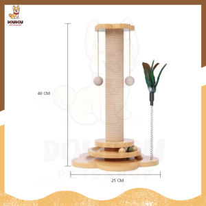 Interactive Solid Wood Cat Tower with Scratch Post Rotating Toy and Feather Teaser