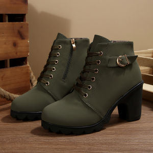[Free Shipping] Autumn New Collection: Chunky-Heeled Short-Tube Women’S Boots With A Round Toe And Side Zipper