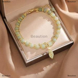[COD] Beaution Accessories For Women Imitation Beaded Bracelet Leaves Double Layer Chain Bracelet For Girls Wedding Party Jewelry Gift