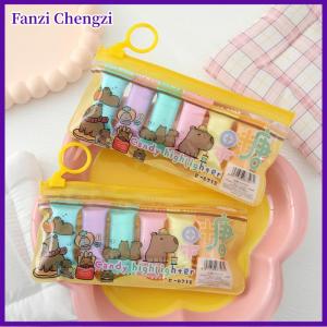 Fanzi 6ชิ้นปากกาโน้ตฟลูออเรสเซนต์สีสำหรับนักเรียนความจุขนาดใหญ่ปากกาการ์ตูนคาปปบารา6สีปากกาเน้นข้อความแบบเฉียงของขวัญ
