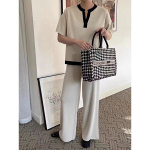 SET7043 V Contrast Knit Set Loose Top n Pants