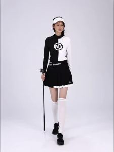 New Golf Clothing - Fall/Winter Womens Long-Sleeved Round-Neck T-Shirt with Patchwork Color Combination Fashionable and High-End Stylish and Comfortable Elastic and Breathable Outdoor Casual and Sports Outfit Skirt--Golf Clothing