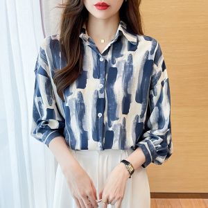 Kain Berkualitas Tinggi Baju Wanita Lengan Panjang Biru Hijau Pencetakan Lukisan Cat Minyak Atasan Pesta Jalanan Kerja Santai