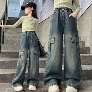 2025 Jeans For Kids Girls 5-16 Yrs Maong Pants Cotton Korean Style High Waist Wide-leg Demin Baggy Pants 6 Pockets Jeans Denim Loose Straight Leg Jeans For Girls ootd