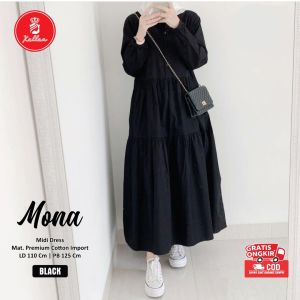Dress Wanita Panjang Variasi Kancing Jumbo Midi Dress Korean Style Remaja Kekinian Bahan Cotton Lembut Nyaman Mona Dress - XELLEA