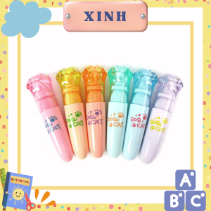 Bút dạ quang bút đánh dấu highlight học sinh vỉ 6 cây hình bàn chân mèo kèm túi zip xinh xắn