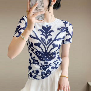 YIMEI เสื้อยืดแขนสั้นพิมพ์ลายดอกไม้ผ้าตาข่ายฤดูร้อนแฟชั่น2025ยุโรปเข้ารูปพอดีคอกลมและมีสไตล์ไซส์ใหญ่พิเศษ