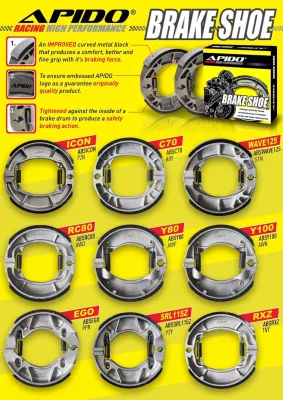 APIDO BRAKE SHOE Y100 Y110 SRL110 SRL115 EGO SOLARIZ AVANTIZ FZ150I RXZ135 EX5 WAVE125 ICON BEAT110 VARIO150 KRISS CT100