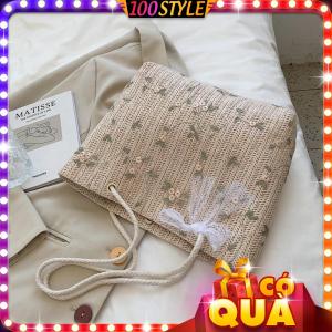 Túi Cói Vuông Lớn Thêu Hoa Quai Thừng Phối Nơ Ren Xinh Xẻo - 100style